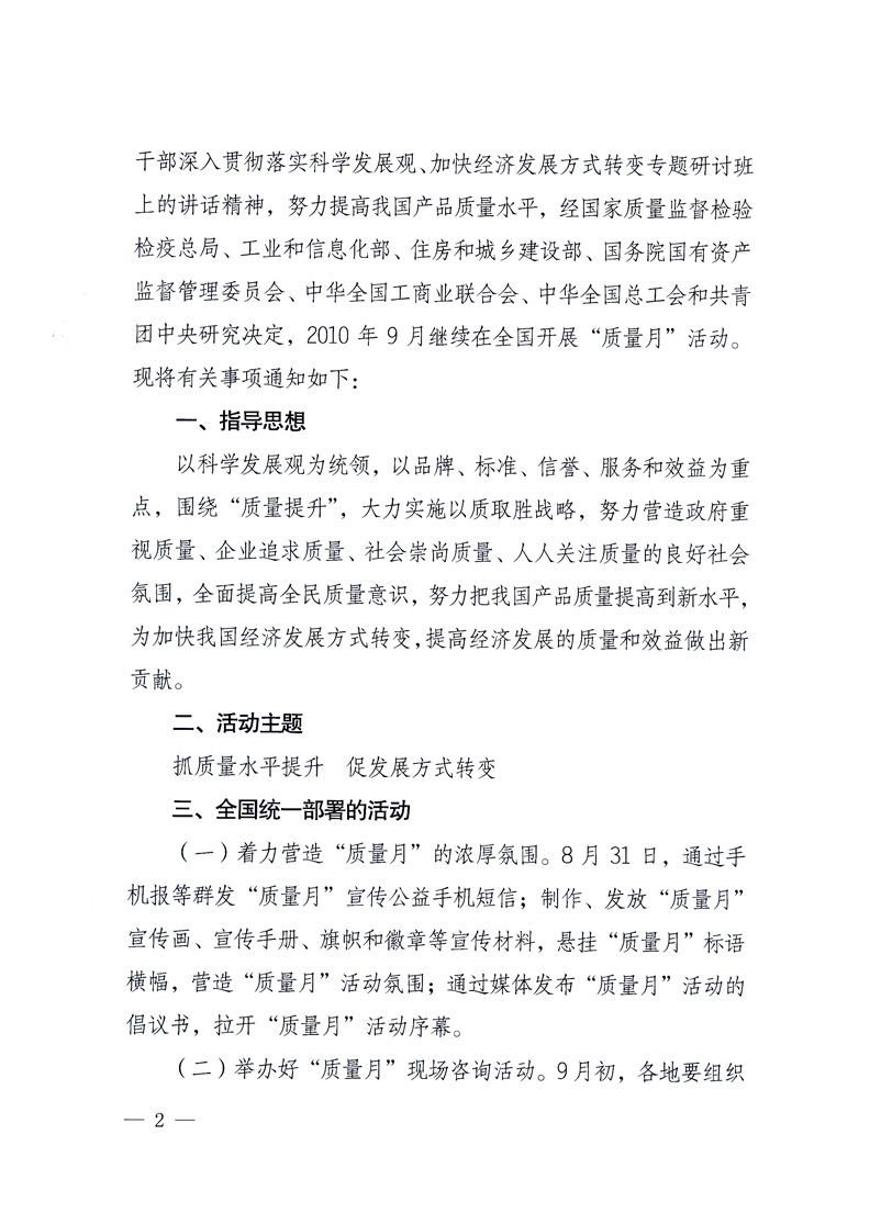 國家質(zhì)量監(jiān)督檢驗檢疫總局、工業(yè)和信息化部、住房和城鄉(xiāng)建設(shè)部、國務(wù)院國有資產(chǎn)監(jiān)督管理委員會、中華全國工商業(yè)聯(lián)合會、中華全國總工會、共青團中央《關(guān)于開展2010年全國&ldquo;質(zhì)量月&rdquo;活動的通知》