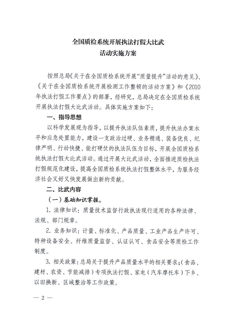國家質(zhì)量監(jiān)督檢驗檢疫總局《關(guān)于印發(fā)<全國質(zhì)檢系統(tǒng)開展執(zhí)法打假大比武活動實施方案>的通知》