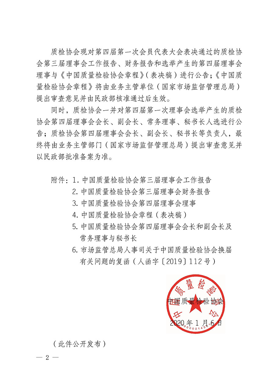 中國質(zhì)量檢驗(yàn)協(xié)會關(guān)于第四屆第一次會員代表大會和第四屆第一次理事會相關(guān)表決結(jié)果的公告(中檢辦發(fā)〔2020〕1號)