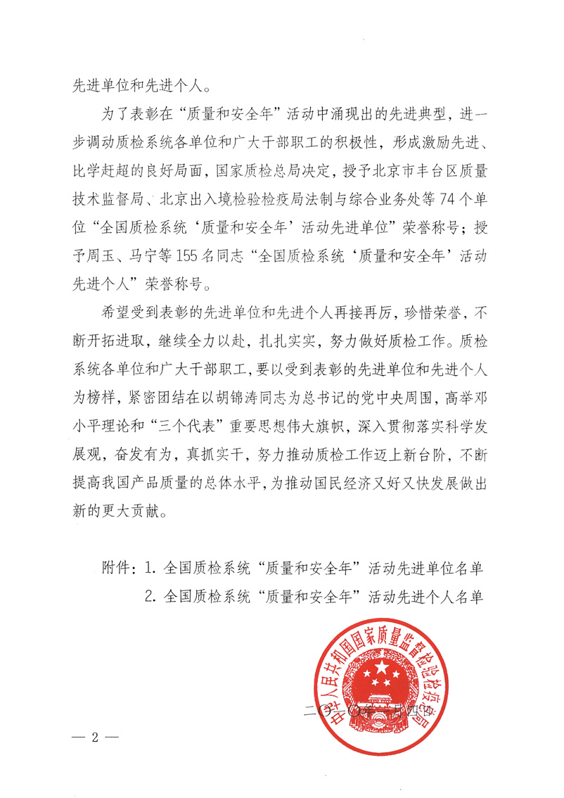 國家質(zhì)量監(jiān)督檢驗(yàn)檢疫總局《關(guān)于表彰全國質(zhì)檢系統(tǒng)&ldquo;質(zhì)量和安全年&rdquo;活動(dòng)先進(jìn)單位和先進(jìn)個(gè)人的決定》